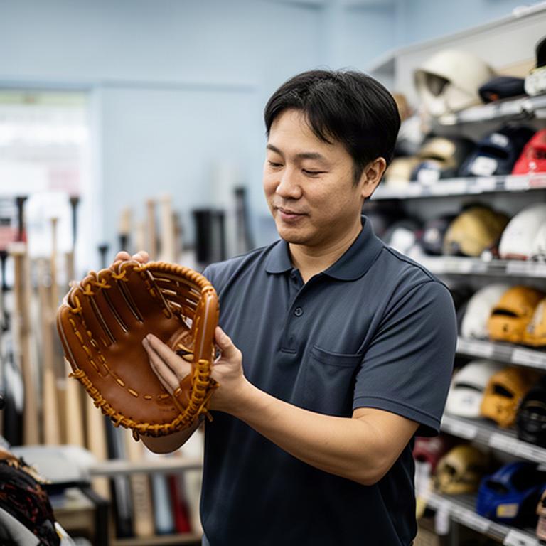 室蘭の店内でグローブを手に取る野球用品店長