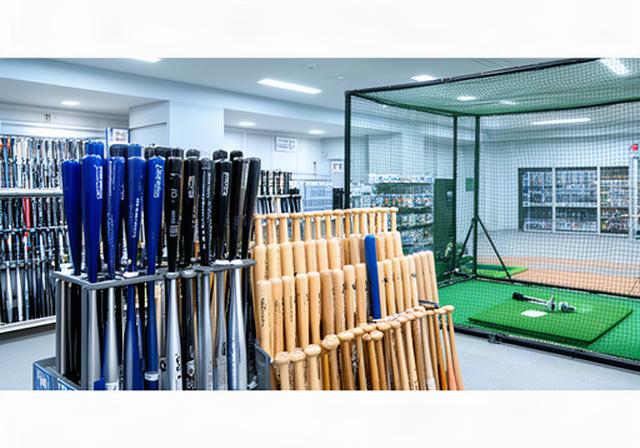 室蘭の店内で並ぶ硬式バットと木製バット、試打用ケージを備えた野球用品売場