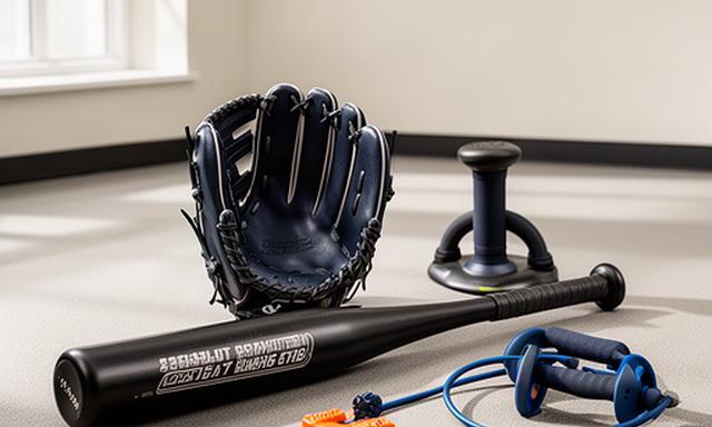 中学生向けの硬式移行用グローブとバット、体幹トレーニング用品を室内に並べた様子