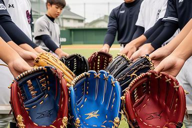 室蘭の高校野球部員が同じ配色のグローブを並べている様子