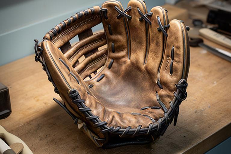 型付け前の硬くくたびれた野球グローブを作業台に置いた状態