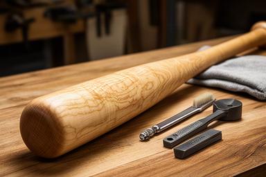 木目がはっきりした硬式メイプルバットを手入れ道具と並べた様子
