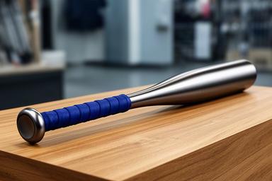 青いグリップの高校野球向け硬式金属バットを室内の木目台に置いた様子